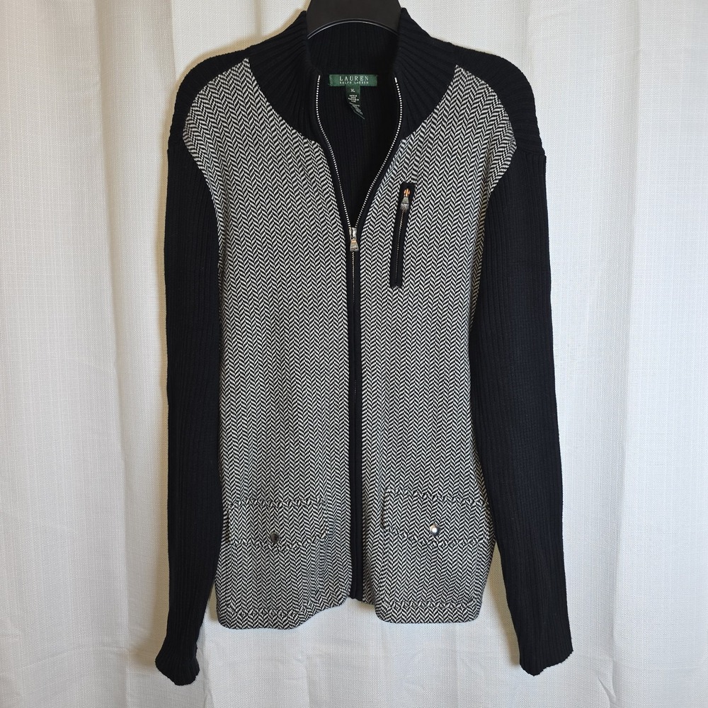 NWOT Lauren Ralph Lauren Cotton Herringbone Fiull Zip Sweater Black/Cream Sz XL